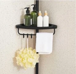 Verstelbaar Doucherek - 85-305 Cm - Van Vloer Tot Plafond - Met 4 Vakken - 3 Haken - Zwart -Badkamer Wijs 1200x1172