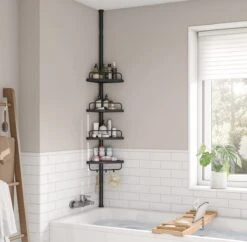 Verstelbaar Doucherek - 85-305 Cm - Van Vloer Tot Plafond - Met 4 Vakken - 3 Haken - Zwart -Badkamer Wijs 1200x1175 4