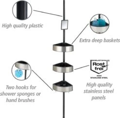 WENKO Telescopisch Doucherek Big Black 3-laags Met Spiegel Zilver/zwart - Bevestigen Zonder Boren -Badkamer Wijs 1200x1176 3