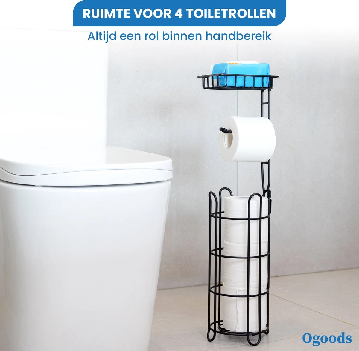 Ogoods Praktische WC Rolhouder – RVS Toiletrolhouder Staand – Rolhouder – Zonder Boren - Toiletrolstandaard - Zwart 4 Ogoods Praktische WC Rolhouder – RVS Toiletrolhouder Staand – Rolhouder – Zonder Boren - Toiletrolstandaard - Zwart - Afbeelding 2