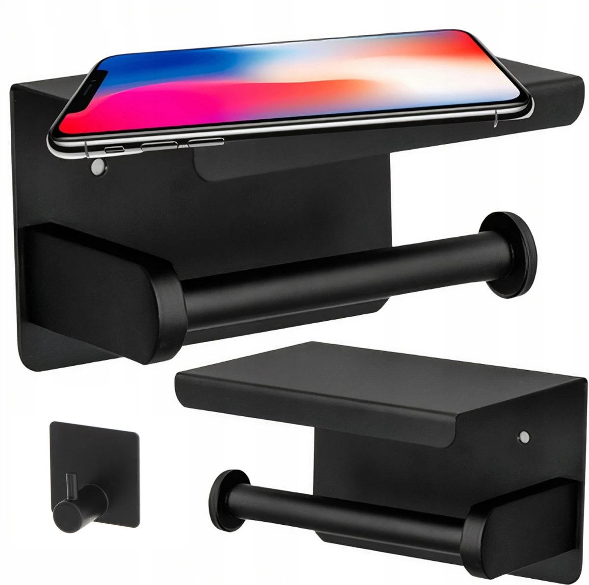 Toiletrolhouder - Wc Rol Houder Met Plankje - Inclusief Haakje - RVS - Waterbestendig - Zwart - Rheme 3 Toiletrolhouder - Wc Rol Houder Met Plankje - Inclusief Haakje - RVS - Waterbestendig - Zwart - Rheme