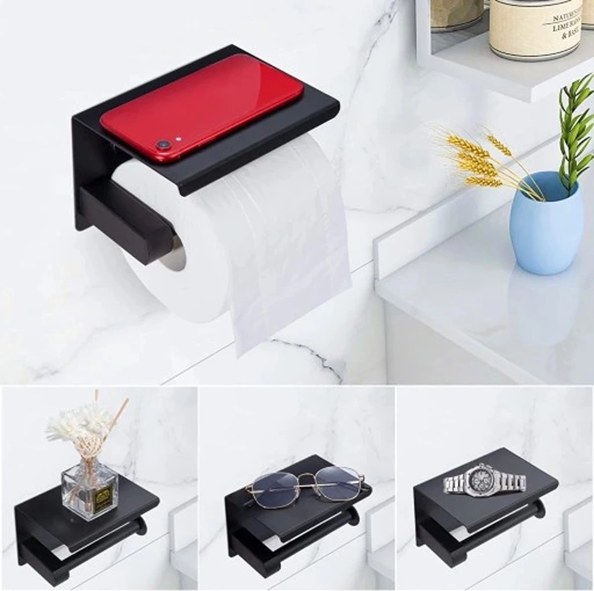 Toiletrolhouder - Wc Rol Houder Met Plankje - Inclusief Haakje - RVS - Waterbestendig - Zwart - Rheme 5 Toiletrolhouder - Wc Rol Houder Met Plankje - Inclusief Haakje - RVS - Waterbestendig - Zwart - Rheme - Afbeelding 3