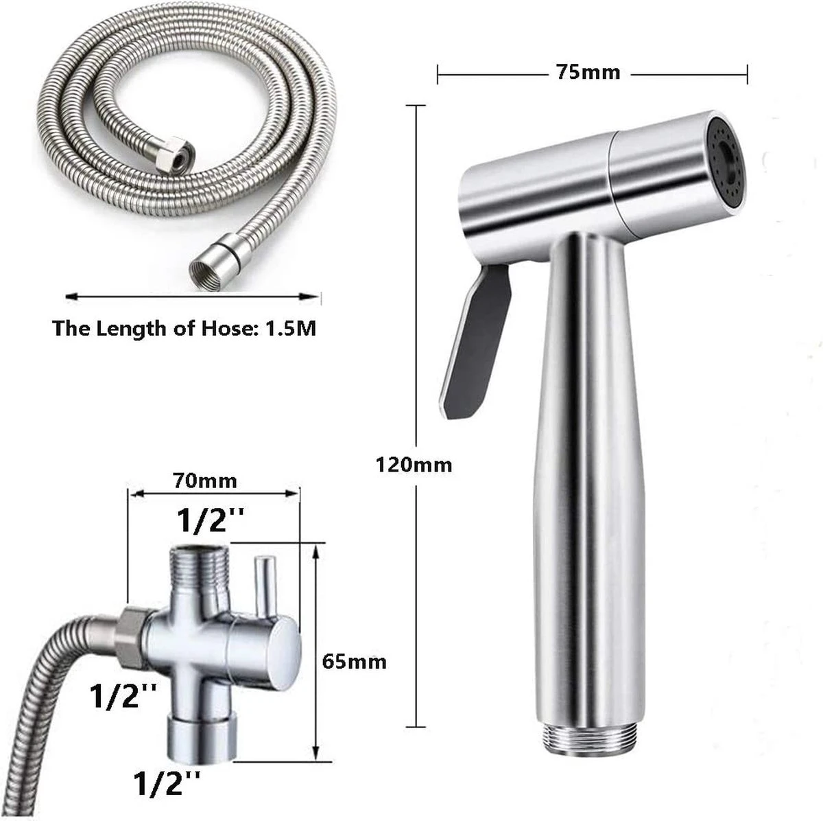 Merkloos Bidet Handdoucheset Uit Geborsteld RVS - Shattaf - Met Slang, T-stuk & Wandhouder 4 Merkloos Bidet Handdoucheset Uit Geborsteld RVS - Shattaf - Met Slang, T-stuk & Wandhouder - Afbeelding 2