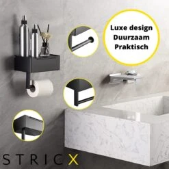 STRICX Toiletrolhouder - Zwart - Zonder Boren - Toilet Rol Houder Tissuebox - Zelfklevend - WC Rolhouder Met Opbergvak Voor Babydoekjes - Met Plankje - Toiletaccessoires -Badkamer Wijs 1200x1200 1045