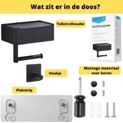 STRICX Toiletrolhouder - Zwart - Zonder Boren - Toilet Rol Houder Tissuebox - Zelfklevend - WC Rolhouder Met Opbergvak Voor Babydoekjes - Met Plankje - Toiletaccessoires -Badkamer Wijs 1200x1200 1046