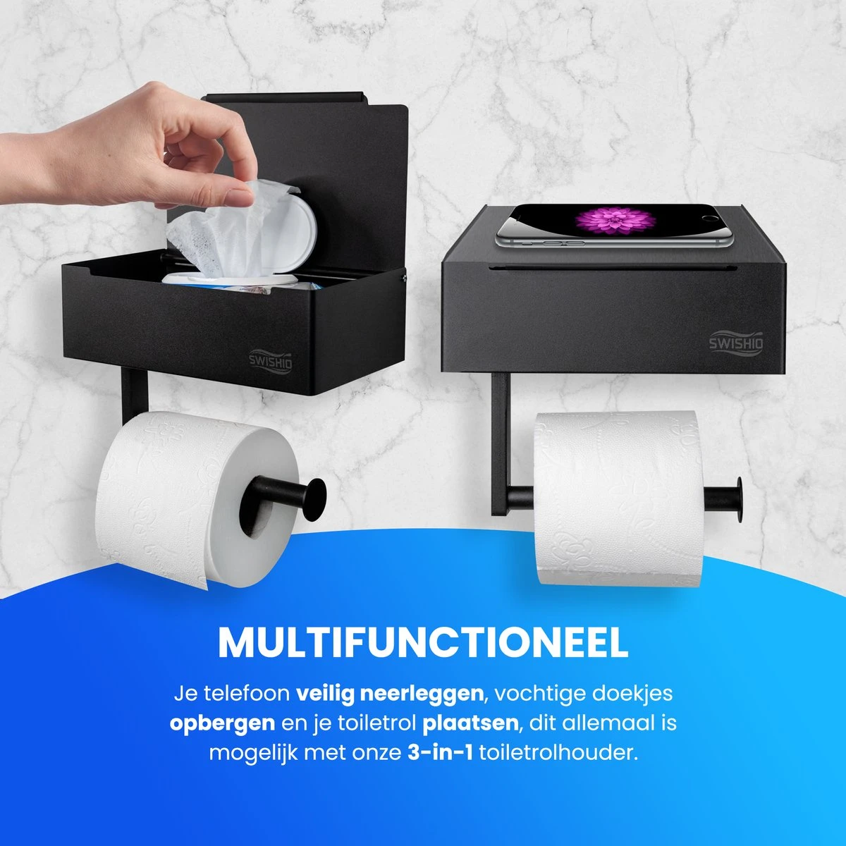 Toiletrolhouder Met Plankje En Bakje - WC Rolhouder Zwart - Opbergvak - Zelfklevend - Zonder Boren - RVS 4 Toiletrolhouder Met Plankje En Bakje - WC Rolhouder Zwart - Opbergvak - Zelfklevend - Zonder Boren - RVS - Afbeelding 2