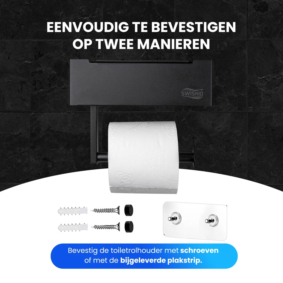 Toiletrolhouder Met Plankje En Bakje - WC Rolhouder Zwart - Opbergvak - Zelfklevend - Zonder Boren - RVS 6 Toiletrolhouder Met Plankje En Bakje - WC Rolhouder Zwart - Opbergvak - Zelfklevend - Zonder Boren - RVS - Afbeelding 4