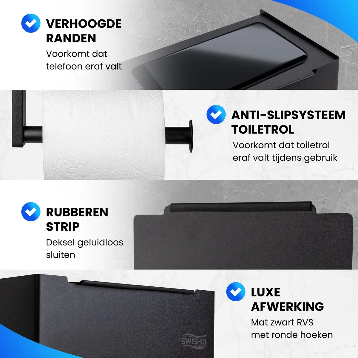 Toiletrolhouder Met Plankje En Bakje - WC Rolhouder Zwart - Opbergvak - Zelfklevend - Zonder Boren - RVS 7 Toiletrolhouder Met Plankje En Bakje - WC Rolhouder Zwart - Opbergvak - Zelfklevend - Zonder Boren - RVS - Afbeelding 5
