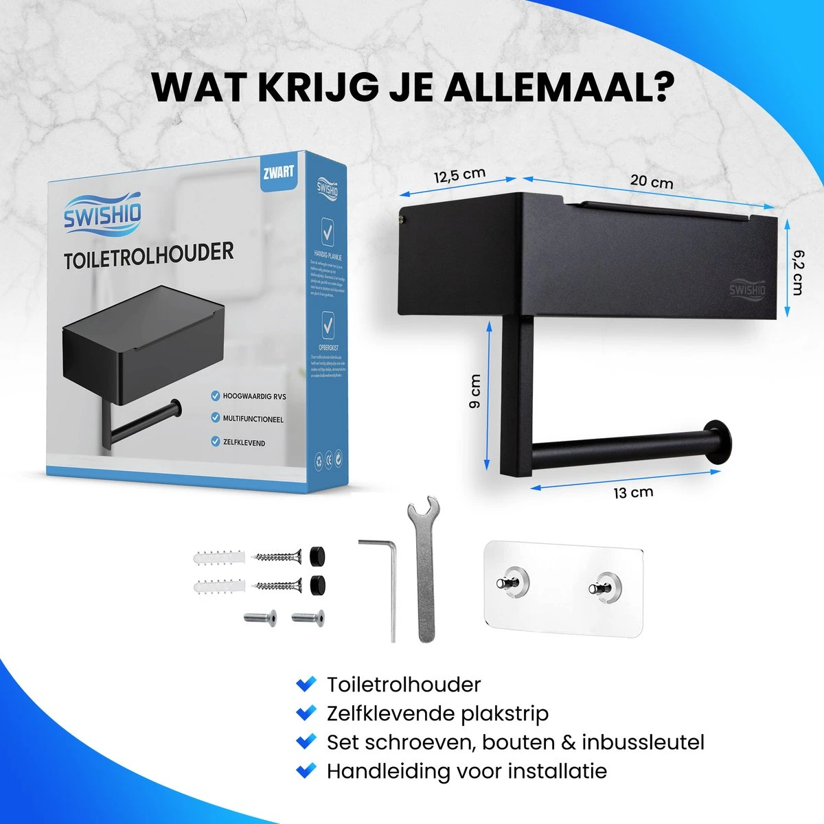 Toiletrolhouder Met Plankje En Bakje - WC Rolhouder Zwart - Opbergvak - Zelfklevend - Zonder Boren - RVS 9 Toiletrolhouder Met Plankje En Bakje - WC Rolhouder Zwart - Opbergvak - Zelfklevend - Zonder Boren - RVS - Afbeelding 7