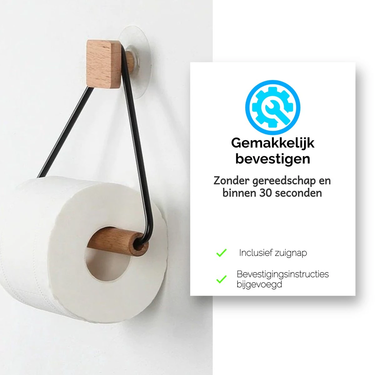 Toiletrolhouder Zonder Boren- Wc Rolhouder - Zuignap - Zelfklevend - Hout 5 Toiletrolhouder Zonder Boren- Wc Rolhouder - Zuignap - Zelfklevend - Hout - Afbeelding 3