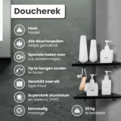 Dubbele Doucherek Zwart Zonder Boren – Sterke Lijmbasis - Badkamer Rek – Hoek – Doucherekjes – Incl. Schroeven – Incl. 2 Haken -Badkamer Wijs 1200x1200 1199