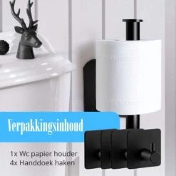 Flusive Toiletrolhouder Met 4 Handdoekhaakjes - Wc Rolhouder - Zelfklevend Zonder Boren - RVS - Zwart -Badkamer Wijs 1200x1200 1337