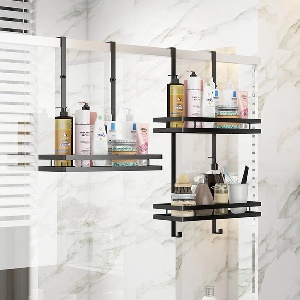 Merkloos Stainless Doucherek Zonder Boren - Douche- En Badrekje - Doucherek Zwart - Doucherek Hangend - Badkamer Accessoires - RVS - 2 Laags 7 Merkloos Stainless Doucherek Zonder Boren - Douche- En Badrekje - Doucherek Zwart - Doucherek Hangend - Badkamer Accessoires - RVS - 2 Laags - Afbeelding 5