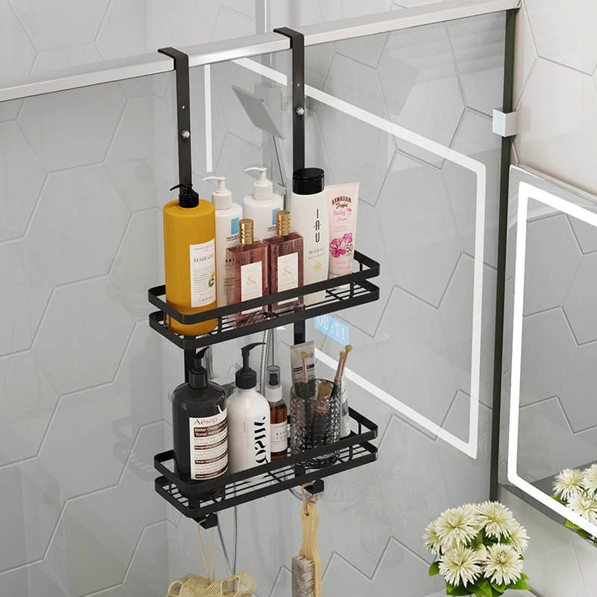 Merkloos Stainless Doucherek Zonder Boren - Douche- En Badrekje - Doucherek Zwart - Doucherek Hangend - Badkamer Accessoires - RVS - 2 Laags 9 Merkloos Stainless Doucherek Zonder Boren - Douche- En Badrekje - Doucherek Zwart - Doucherek Hangend - Badkamer Accessoires - RVS - 2 Laags - Afbeelding 7