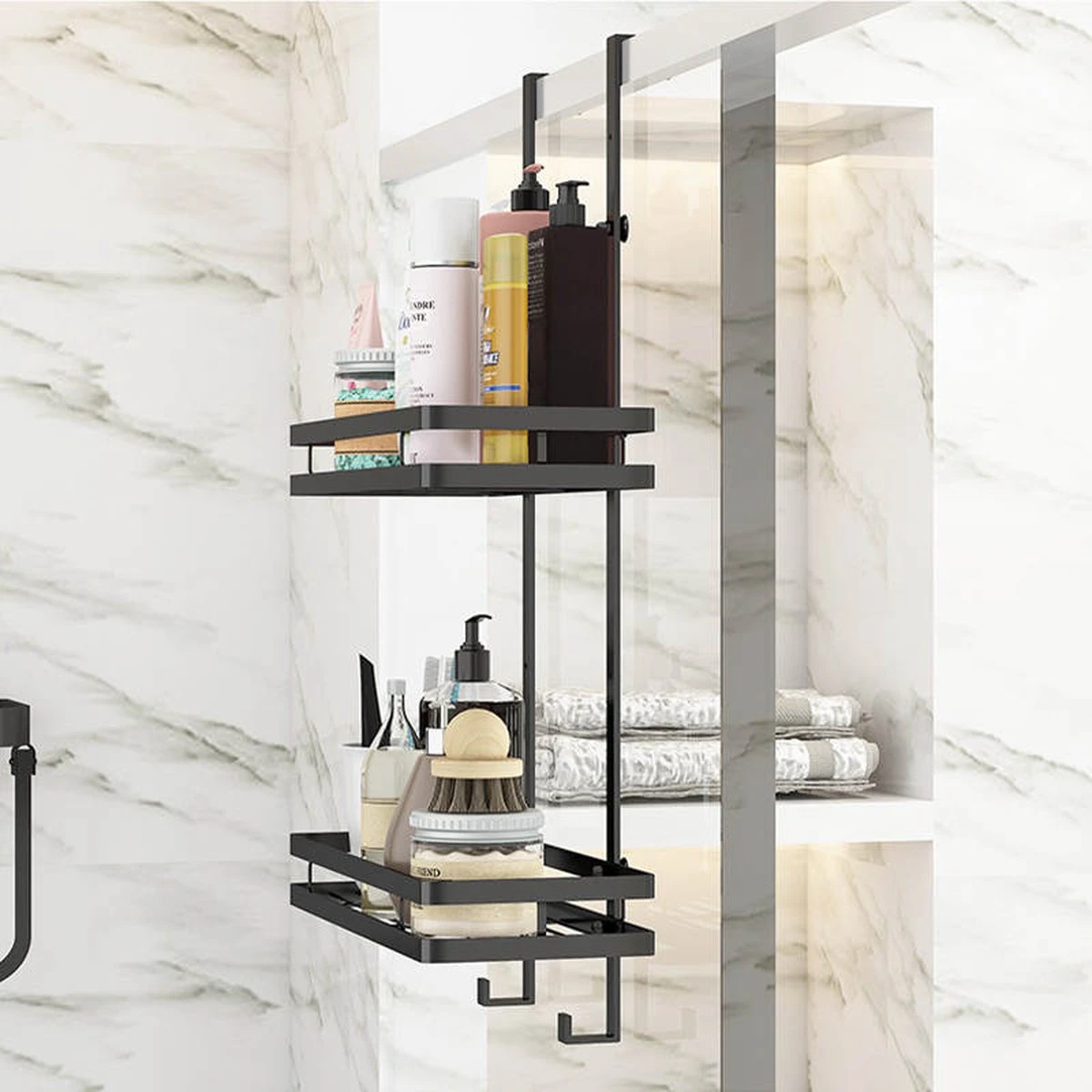 Merkloos Stainless Doucherek Zonder Boren - Douche- En Badrekje - Doucherek Zwart - Doucherek Hangend - Badkamer Accessoires - RVS - 2 Laags 10 Merkloos Stainless Doucherek Zonder Boren - Douche- En Badrekje - Doucherek Zwart - Doucherek Hangend - Badkamer Accessoires - RVS - 2 Laags - Afbeelding 8