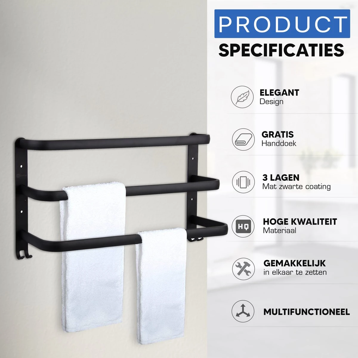 Qualux® Handdoekrek Inclusief Handdoek - 3 Stangen - Badkamer - Handdoekrek Zwart - Handdoekstang - Handdoekhouder - Handdoekenrek 5 Qualux® Handdoekrek Inclusief Handdoek - 3 Stangen - Badkamer - Handdoekrek Zwart - Handdoekstang - Handdoekhouder - Handdoekenrek - Afbeelding 3