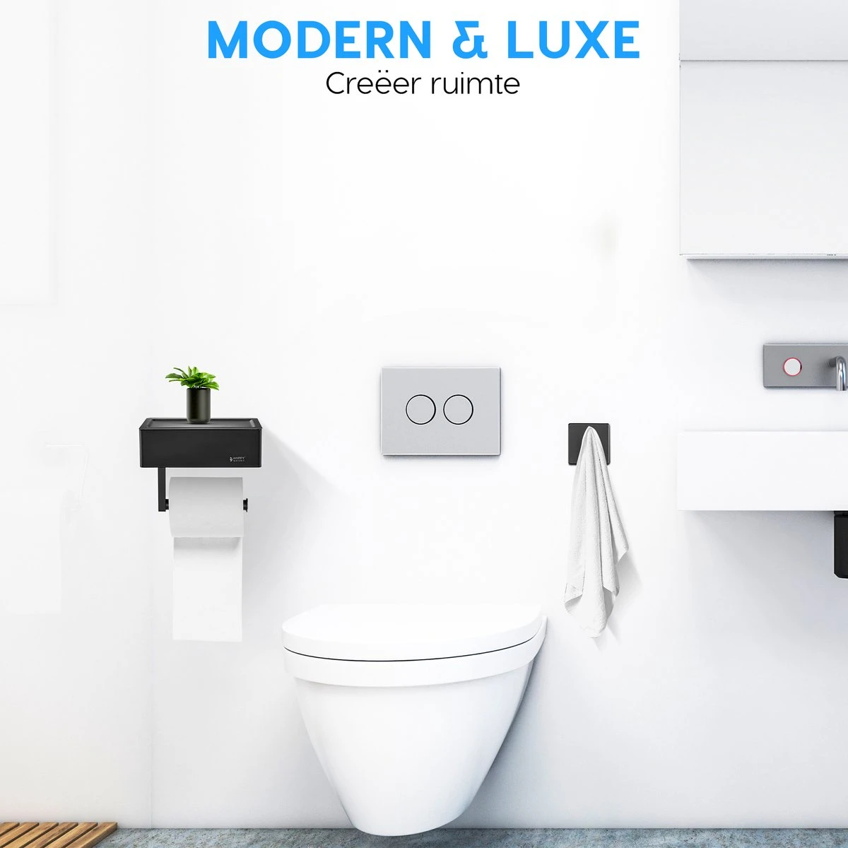 Happy Goods - WC Rolhouder Zonder Boren Zwart - Toiletrolhouder Met Plankje En Bakje RVS - Met Handdoekhaakje 4 Happy Goods - WC Rolhouder Zonder Boren Zwart - Toiletrolhouder Met Plankje En Bakje RVS - Met Handdoekhaakje - Afbeelding 2