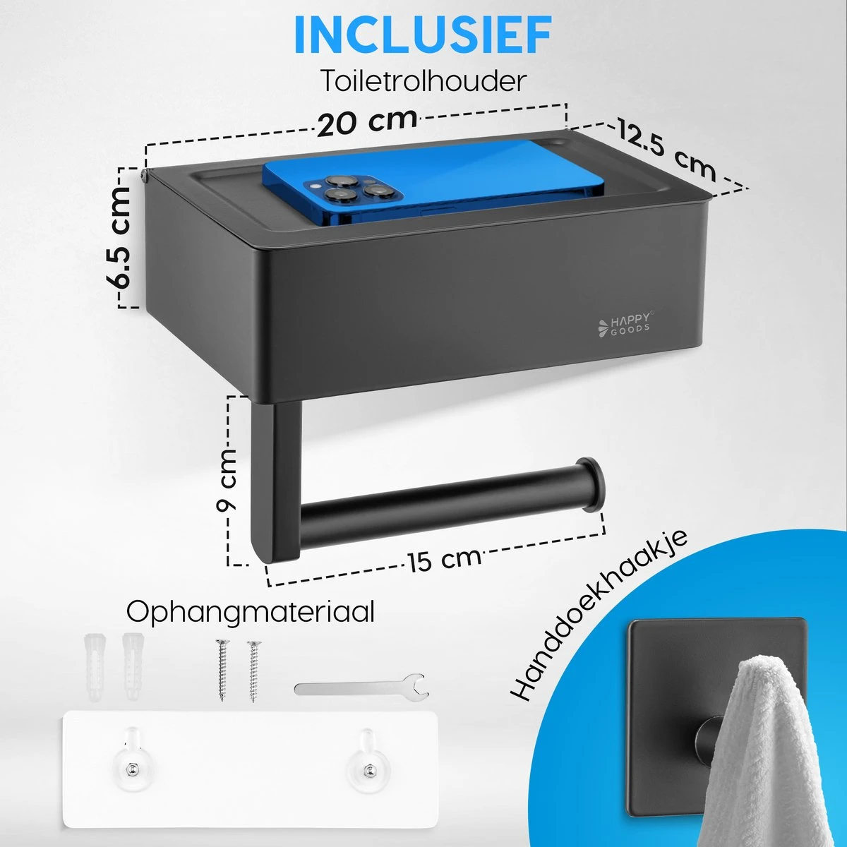 Happy Goods - WC Rolhouder Zonder Boren Zwart - Toiletrolhouder Met Plankje En Bakje RVS - Met Handdoekhaakje 5 Happy Goods - WC Rolhouder Zonder Boren Zwart - Toiletrolhouder Met Plankje En Bakje RVS - Met Handdoekhaakje - Afbeelding 3