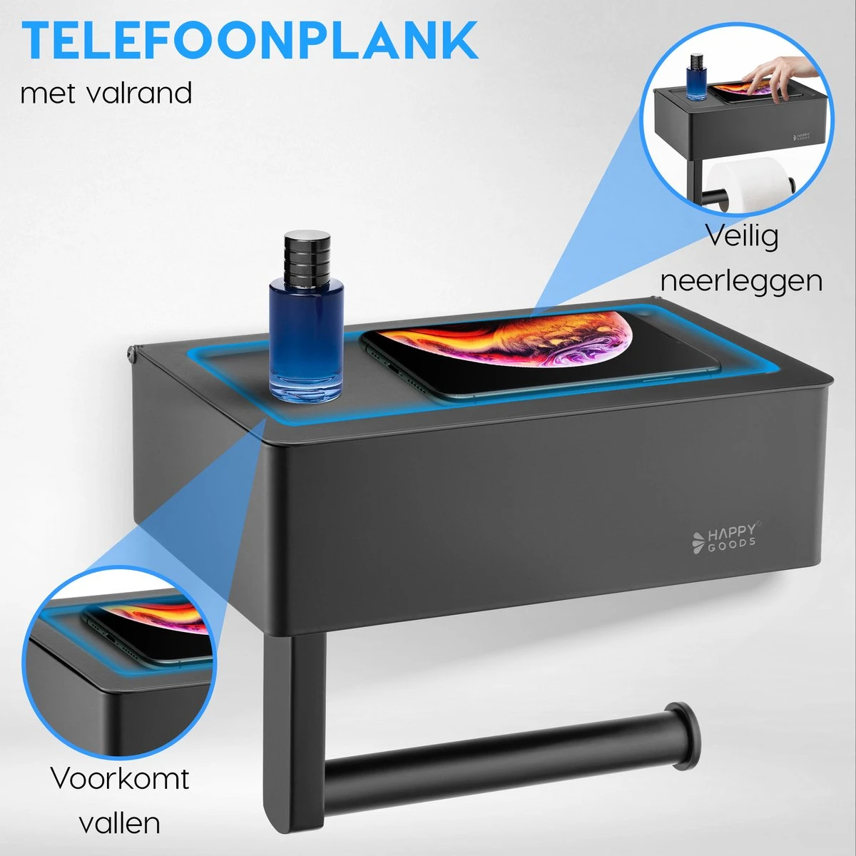 Happy Goods - WC Rolhouder Zonder Boren Zwart - Toiletrolhouder Met Plankje En Bakje RVS - Met Handdoekhaakje 6 Happy Goods - WC Rolhouder Zonder Boren Zwart - Toiletrolhouder Met Plankje En Bakje RVS - Met Handdoekhaakje - Afbeelding 4