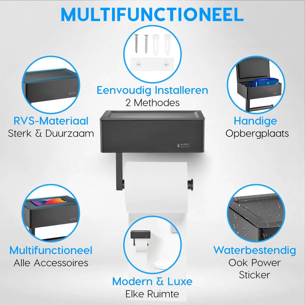 Happy Goods - WC Rolhouder Zonder Boren Zwart - Toiletrolhouder Met Plankje En Bakje RVS - Met Handdoekhaakje 9 Happy Goods - WC Rolhouder Zonder Boren Zwart - Toiletrolhouder Met Plankje En Bakje RVS - Met Handdoekhaakje - Afbeelding 7