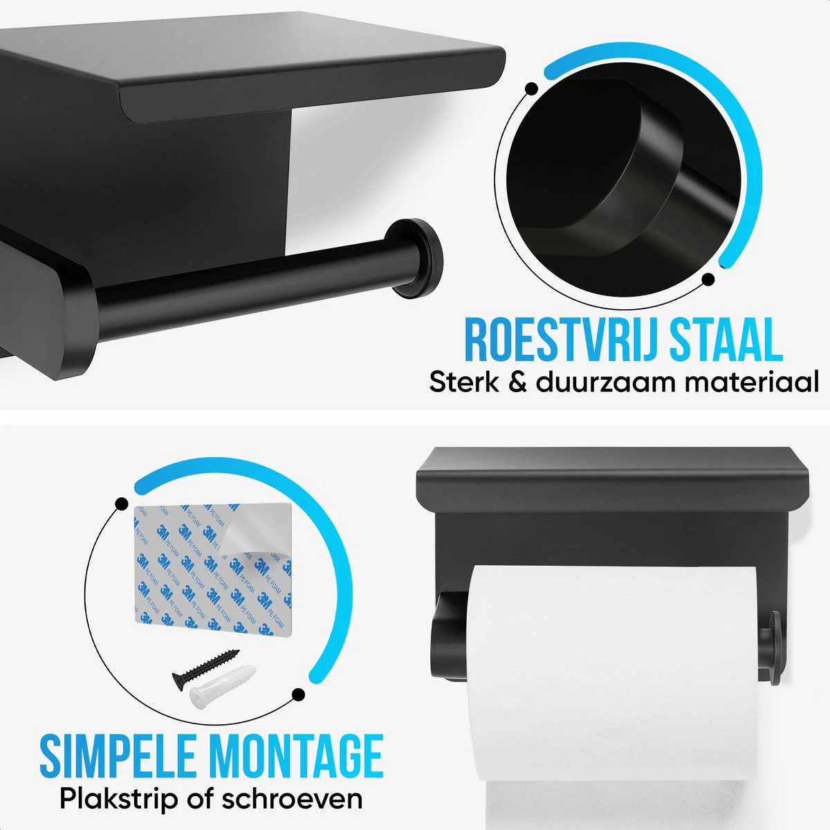 Strex WC Rolhouder Met Plankje - Zwart - Zelfklevend / Boren / Zonder Boren - Toiletrolhouder - WC Papier Houder 4 Strex WC Rolhouder Met Plankje - Zwart - Zelfklevend / Boren / Zonder Boren - Toiletrolhouder - WC Papier Houder - Afbeelding 2