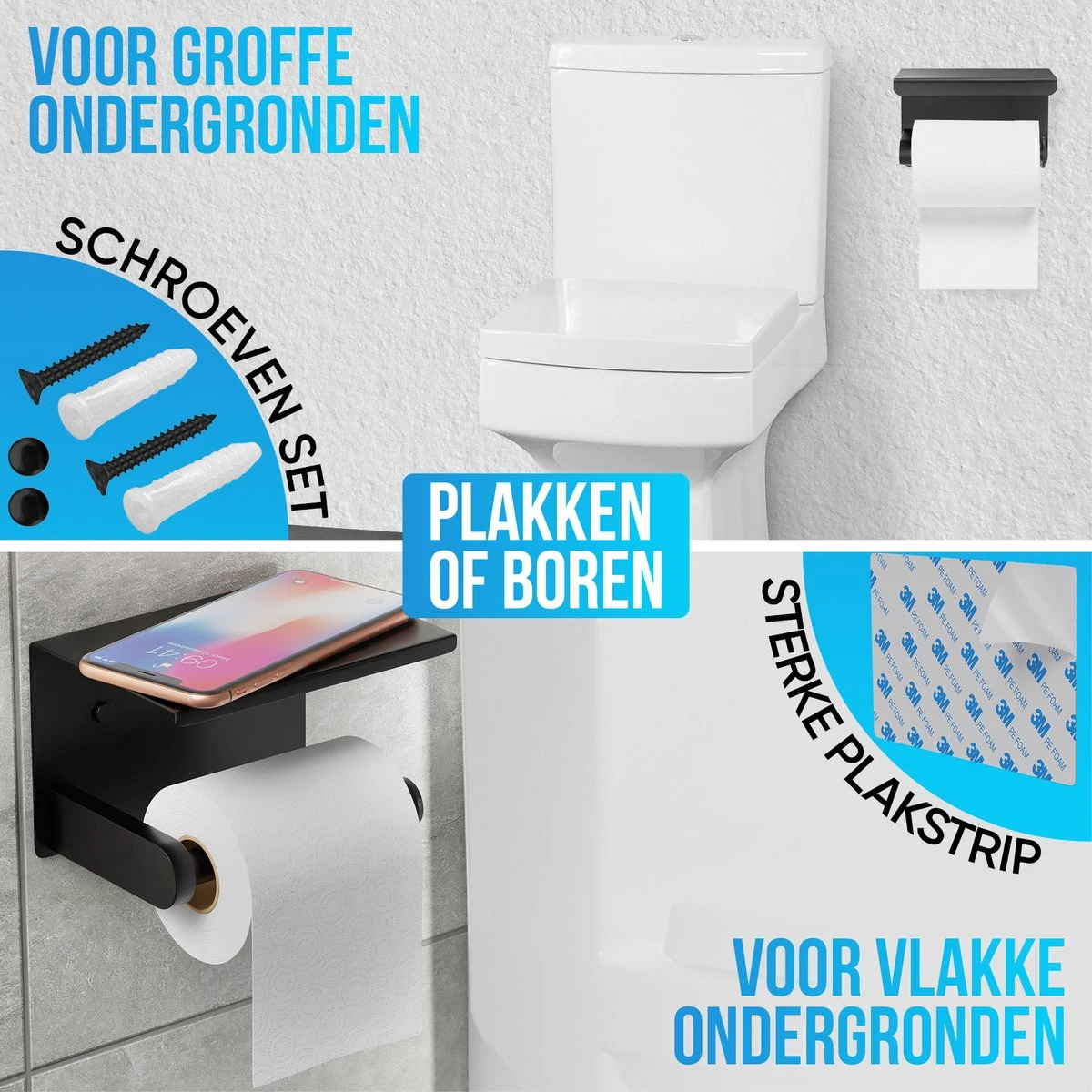 Strex WC Rolhouder Met Plankje - Zwart - Zelfklevend / Boren / Zonder Boren - Toiletrolhouder - WC Papier Houder 5 Strex WC Rolhouder Met Plankje - Zwart - Zelfklevend / Boren / Zonder Boren - Toiletrolhouder - WC Papier Houder - Afbeelding 3