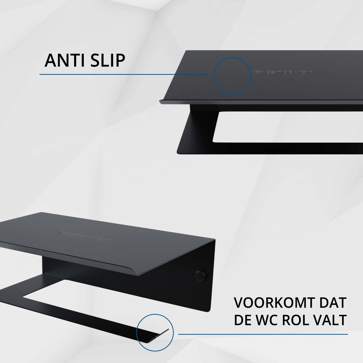 Westerhof Premium Wc Rolhouder Zwart Zonder Boren - Met Plankje - 3M Plakstrip En Schroef Set 6 Westerhof Premium Wc Rolhouder Zwart Zonder Boren - Met Plankje - 3M Plakstrip En Schroef Set - Afbeelding 4
