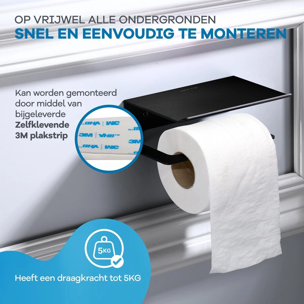 WITTS WC Rolhouder Met Plankje - Zelfklevend - Hoge Kwaliteit - Toiletrolhouder 7 WITTS WC Rolhouder Met Plankje - Zelfklevend - Hoge Kwaliteit - Toiletrolhouder - Afbeelding 5