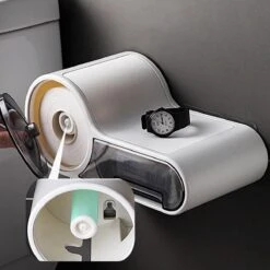 Merkloos Decopatent® Design Toiletrolhouder Met Lade & Leg Plankje - Zonder Boren - Hangende Toiletpapierhouder - Toilet Wc Rol Houder -Badkamer Wijs 1200x1200 1507