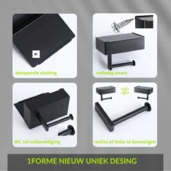 1FORME | Toiletrolhouder | WC-rolhouder | Met Plankje / Plateau | Met Opbergvak Vochtige Doekjes | RVS Zwart | Met Of Zonder Boren | -Badkamer Wijs 1200x1200 1556