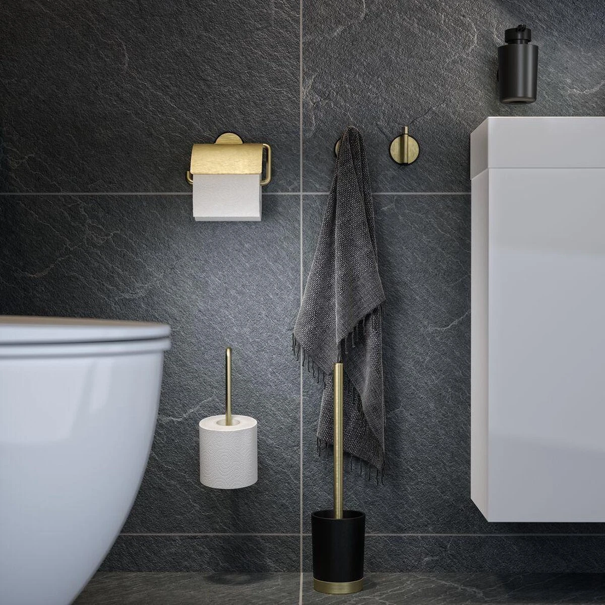 Tiger Tune - Toiletrolhouder Met Klep - Messing Geborsteld / Zwart 5 Tiger Tune - Toiletrolhouder Met Klep - Messing Geborsteld / Zwart - Afbeelding 3