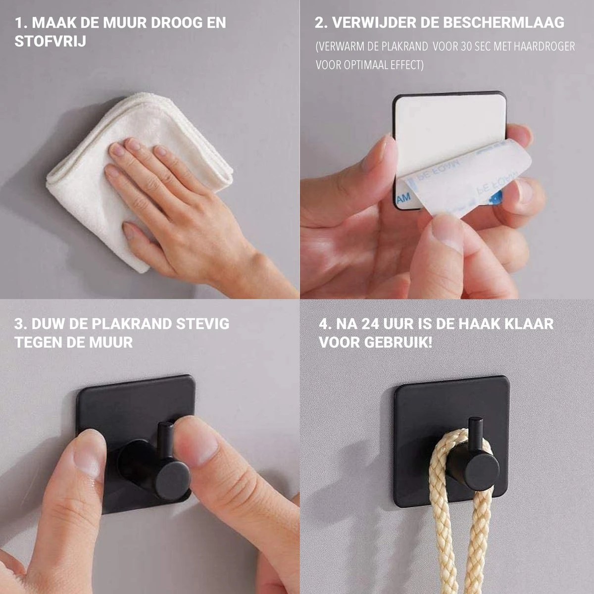 Qitch & Quisine Handdoekhaakjes - Set Van 3 Zwarte Haakjes - Zelfklevend - Waterbestendig - RVS 5 Qitch & Quisine Handdoekhaakjes - Set Van 3 Zwarte Haakjes - Zelfklevend - Waterbestendig - RVS - Afbeelding 3