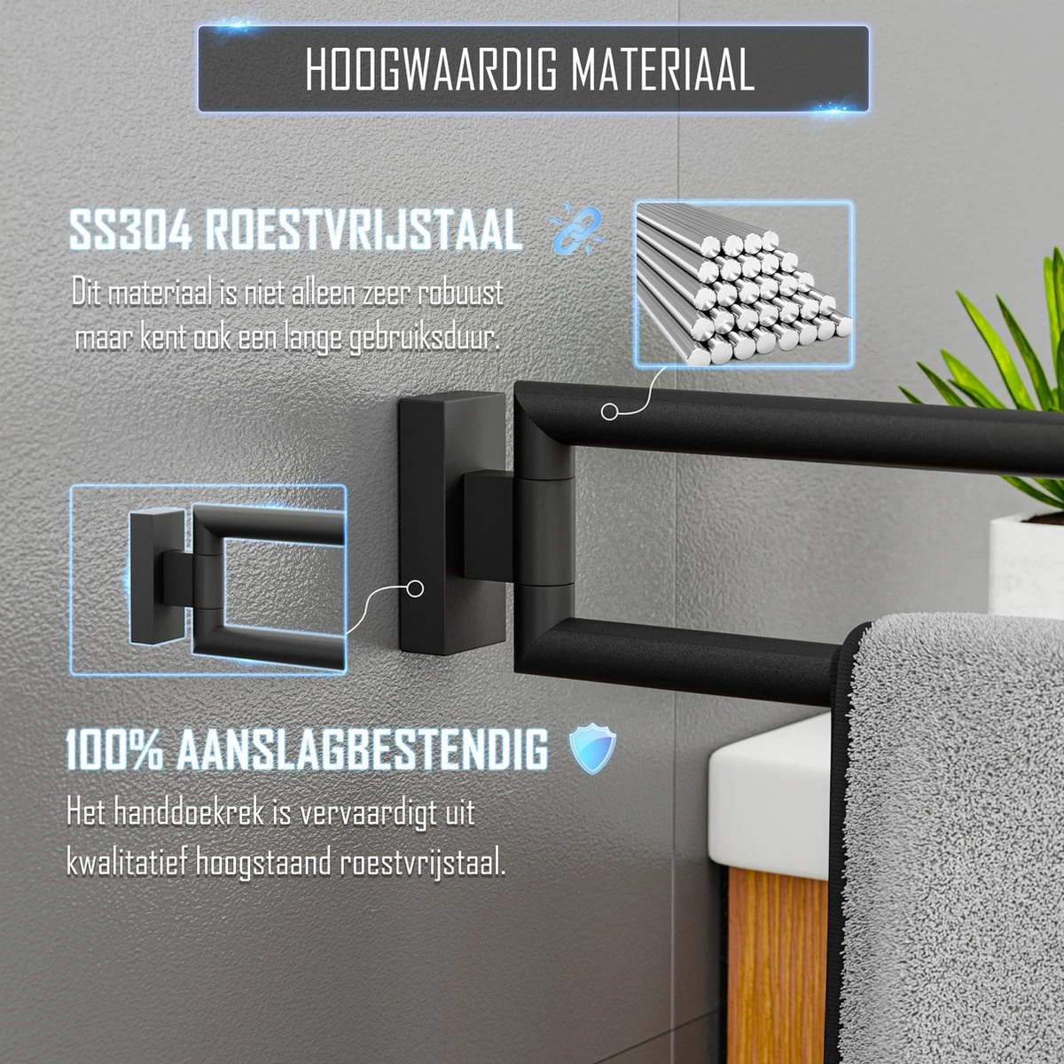 Nolad® Handdoekrek 2 Armig - Handdoekhouder - Handdoekenrek - RVS - Zwart 5 Nolad® Handdoekrek 2 Armig - Handdoekhouder - Handdoekenrek - RVS - Zwart - Afbeelding 3