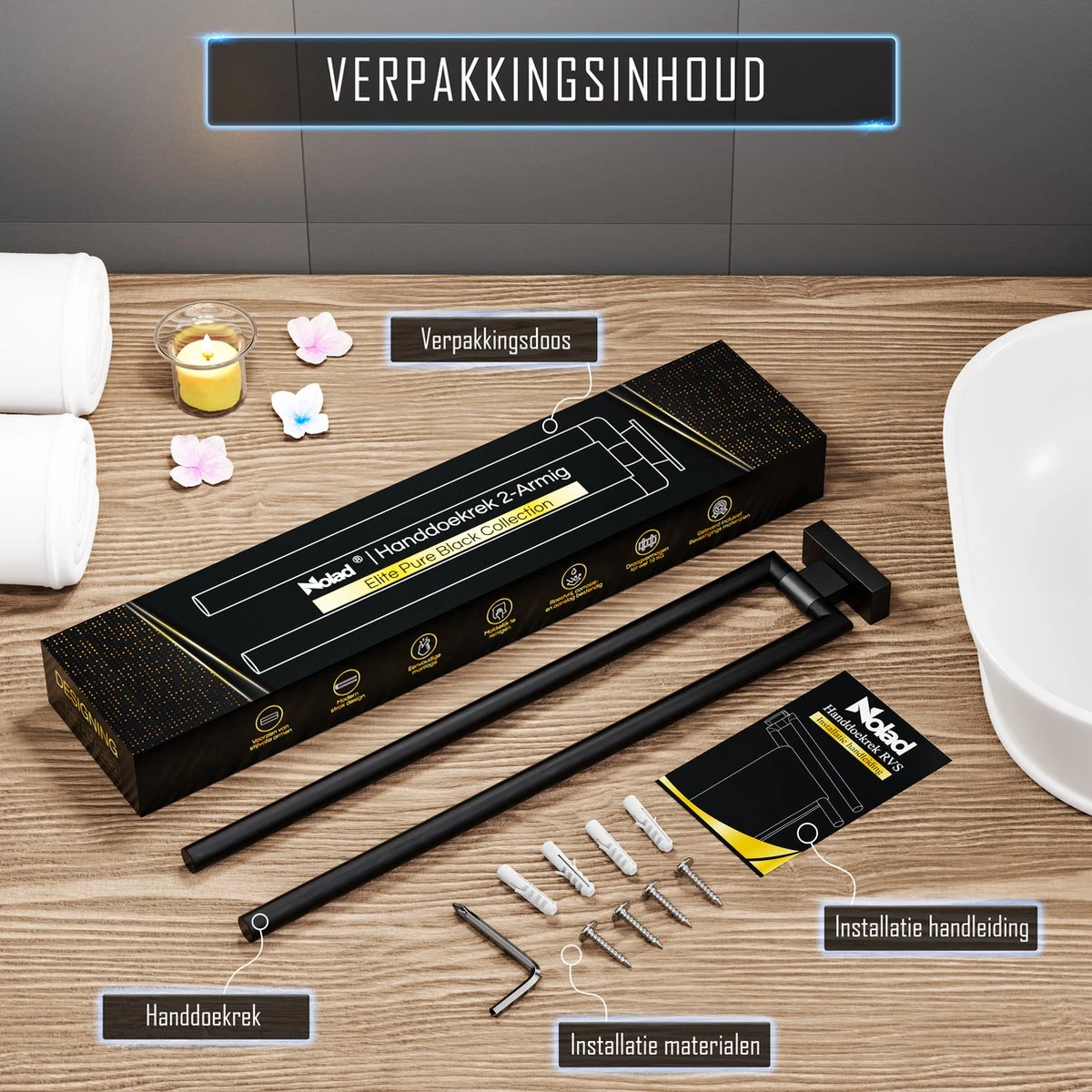 Nolad® Handdoekrek 2 Armig - Handdoekhouder - Handdoekenrek - RVS - Zwart 10 Nolad® Handdoekrek 2 Armig - Handdoekhouder - Handdoekenrek - RVS - Zwart - Afbeelding 8