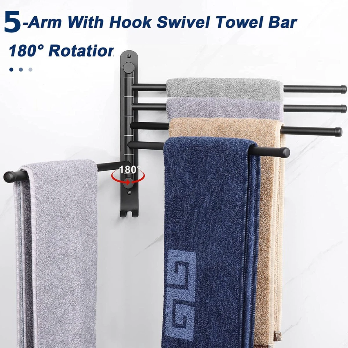 BOTC Handdoekrek - 5-armig Handdoekhouder - Handdoekstang - 180 Graden Verstelbaar - Badkamer - Zwart 5 BOTC Handdoekrek - 5-armig Handdoekhouder - Handdoekstang - 180 Graden Verstelbaar - Badkamer - Zwart - Afbeelding 3