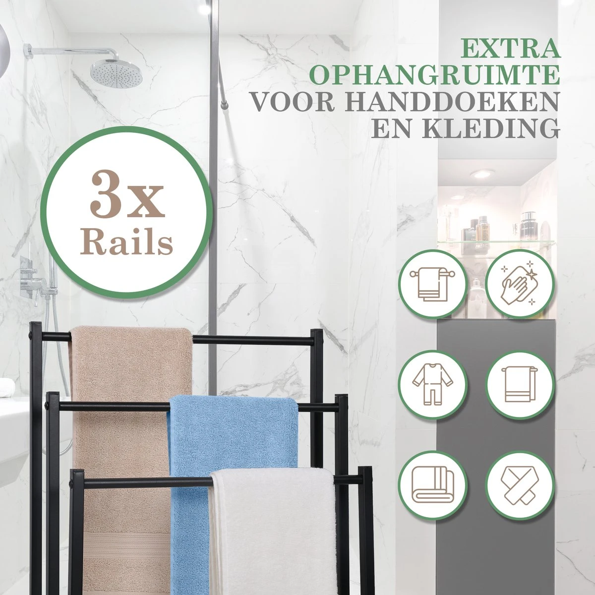 MIRI Handdoekrek – Handdoekhouder – Vrijstaand – Zwart – Staand – Metaal – 3 Rails – Zonder Boren – Badkamer / Keuken 7 MIRI Handdoekrek – Handdoekhouder – Vrijstaand – Zwart – Staand – Metaal – 3 Rails – Zonder Boren – Badkamer / Keuken - Afbeelding 5