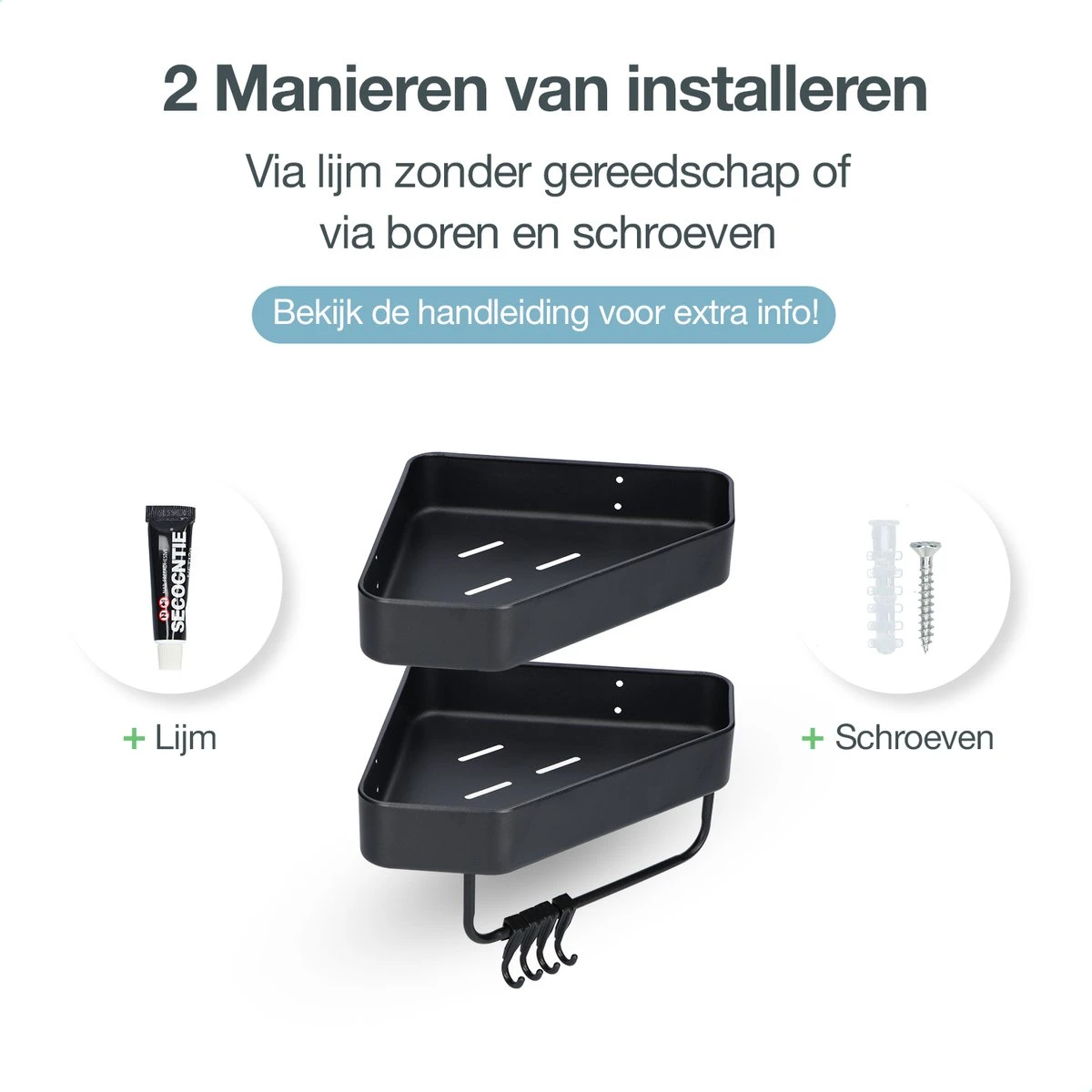 ACE Goods® Doucherek Zwart Hangend – Badkamerrek – Doucherek 2 Laags – Badkamerrekje Hoekrek Douche – Inclusief Haakjes 7 ACE Goods® Doucherek Zwart Hangend – Badkamerrek – Doucherek 2 Laags – Badkamerrekje Hoekrek Douche – Inclusief Haakjes - Afbeelding 5