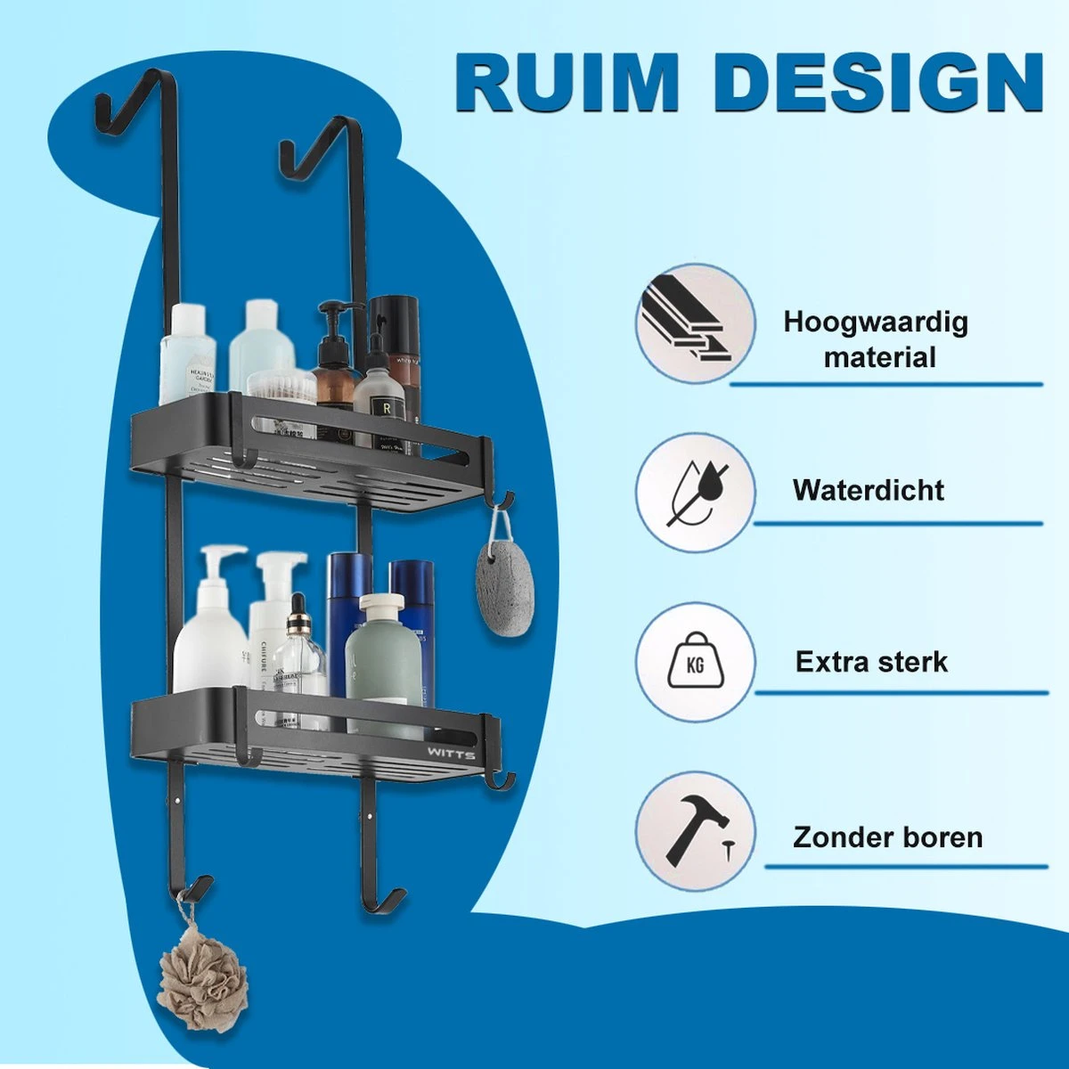 WITTS Doucherek - 2 Laags - Doucherek Zonder Boren - Doucherek Hangend - Doucherekje – Roestvrijj 4 WITTS Doucherek - 2 Laags - Doucherek Zonder Boren - Doucherek Hangend - Doucherekje – Roestvrijj - Afbeelding 2