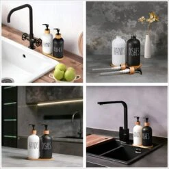 MAESON Glazen Zeepdispener Set Voor Handzeep En Afwasmiddel – Zeeppompje Keuken – Keukenaccesoires - Zwart/Wit -Badkamer Wijs 1200x1200 253