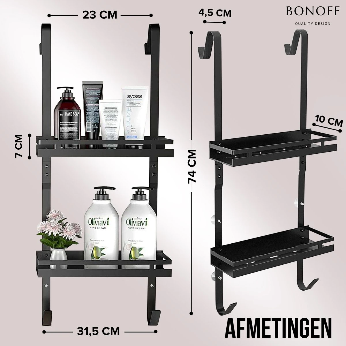 Bonoff Doucherek Zwart – 2 Laags - Doucherek Zonder Boren - Zwart – Doucherek Hangend - Badkamerrek –RVS – Badkamer Accessoires – Stijlvol 4 Bonoff Doucherek Zwart – 2 Laags - Doucherek Zonder Boren - Zwart – Doucherek Hangend - Badkamerrek –RVS – Badkamer Accessoires – Stijlvol - Afbeelding 2
