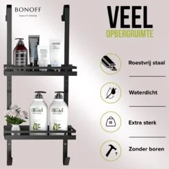 Bonoff Doucherek Zwart – 2 Laags - Doucherek Zonder Boren - Zwart – Doucherek Hangend - Badkamerrek –RVS – Badkamer Accessoires – Stijlvol 16 Bonoff Doucherek Zwart – 2 Laags - Doucherek Zonder Boren - Zwart – Doucherek Hangend - Badkamerrek –RVS – Badkamer Accessoires – Stijlvol -Badkamer Wijs 1200x1200 2562