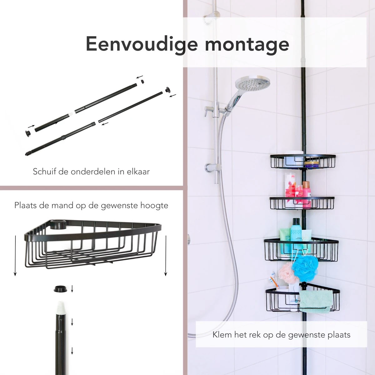 Ogoods Telescopisch Doucherek Inclusief 4 Manden - Zwart - Badkamerrek - Zonder Boren - In Hoogte Verstelbaar - Opbergsysteem 9 Ogoods Telescopisch Doucherek Inclusief 4 Manden - Zwart - Badkamerrek - Zonder Boren - In Hoogte Verstelbaar - Opbergsysteem - Afbeelding 7