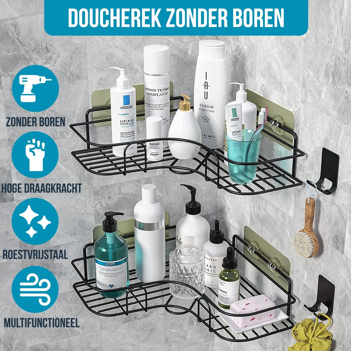 Strex Doucherek Hoekvorm - 2 Stuks - Bevestigen Zonder Boren Of Schroeven 4 Strex Doucherek Hoekvorm - 2 Stuks - Bevestigen Zonder Boren Of Schroeven - Afbeelding 2