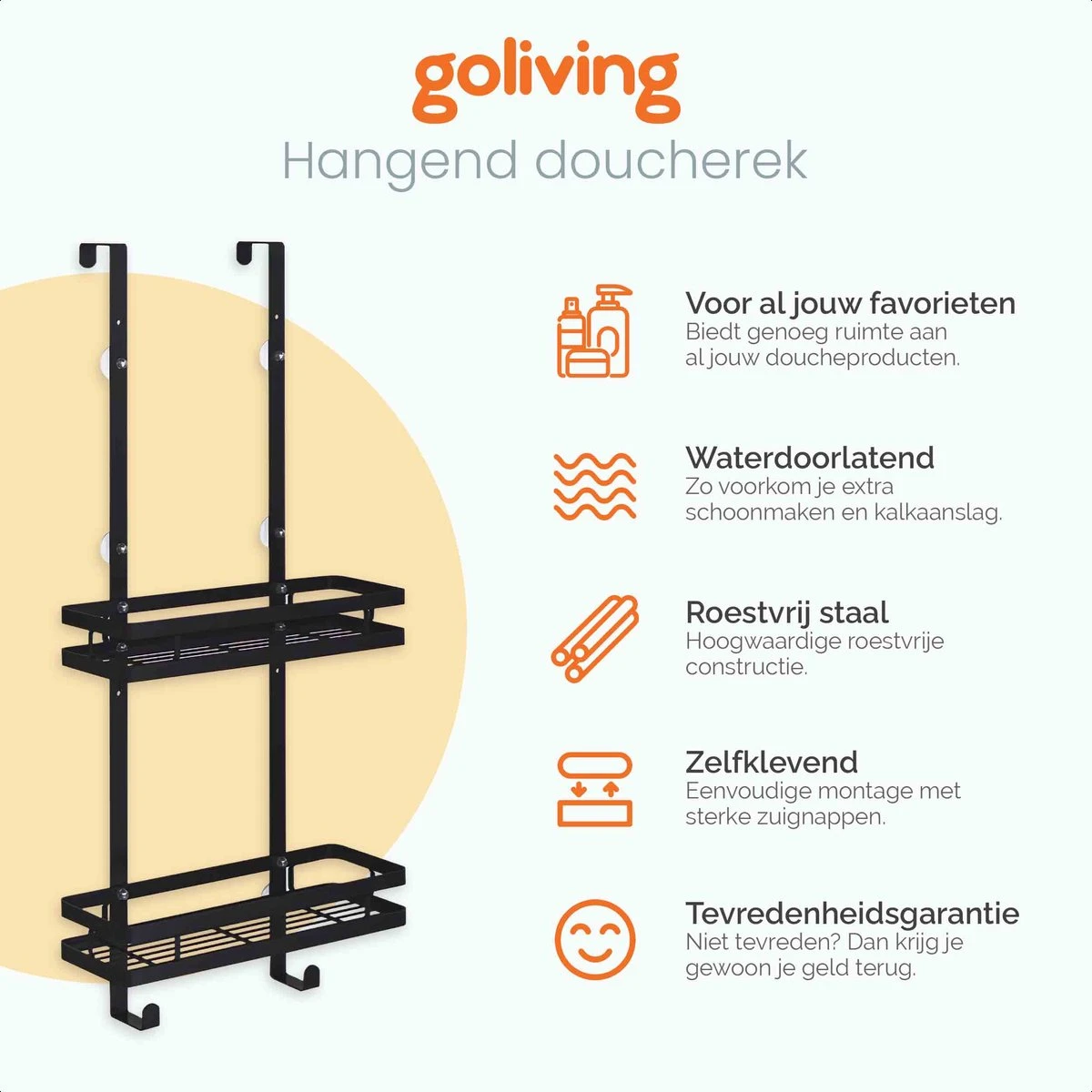 Goliving Doucherek - Doucherek Zonder Boren - Hangend Doucherek - RVS - Twee Laags - Zwart 4 Goliving Doucherek - Doucherek Zonder Boren - Hangend Doucherek - RVS - Twee Laags - Zwart - Afbeelding 2