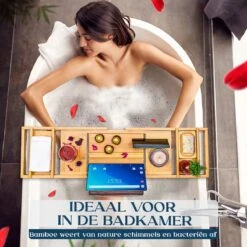 Ecowize Luxe Bamboe Badplank Voor In Bad Met Tablethouder - 100% Natuurlijk Bamboe Badrek Met Boekenhouder - Bad Plank Hout Met Nonslip Grips - Badrekje Voor Bad - Badplankje Uitschuifbaar (75cm Tot 110cm) Met Extra Zeepbakje En Body Brush -Badkamer Wijs 1200x1200 2727