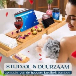 Ecowize Luxe Bamboe Badplank Voor In Bad Met Tablethouder - 100% Natuurlijk Bamboe Badrek Met Boekenhouder - Bad Plank Hout Met Nonslip Grips - Badrekje Voor Bad - Badplankje Uitschuifbaar (75cm Tot 110cm) Met Extra Zeepbakje En Body Brush -Badkamer Wijs 1200x1200 2728