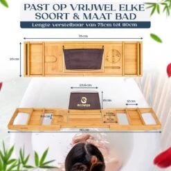 Ecowize Luxe Bamboe Badplank Voor In Bad Met Tablethouder - 100% Natuurlijk Bamboe Badrek Met Boekenhouder - Bad Plank Hout Met Nonslip Grips - Badrekje Voor Bad - Badplankje Uitschuifbaar (75cm Tot 110cm) Met Extra Zeepbakje En Body Brush -Badkamer Wijs 1200x1200 2730