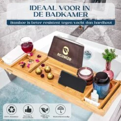 Ecowize Luxe Bamboe Badplank Voor In Bad Met Tablethouder - 100% Natuurlijk Bamboe Badrek Met Boekenhouder - Bad Plank Hout Met Nonslip Grips - Badrekje Voor Bad - Badplankje Uitschuifbaar (75cm Tot 110cm) Met Extra Zeepbakje En Body Brush -Badkamer Wijs 1200x1200 2731