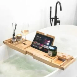 IMoshion Badplank Voor In Bad - Dienblad Inclusief Pootjes - Tablet Houder - Badrek Uitschuifbaar 75 Tot 110 Cm - Lichtbruin -Badkamer Wijs 1200x1200 2734