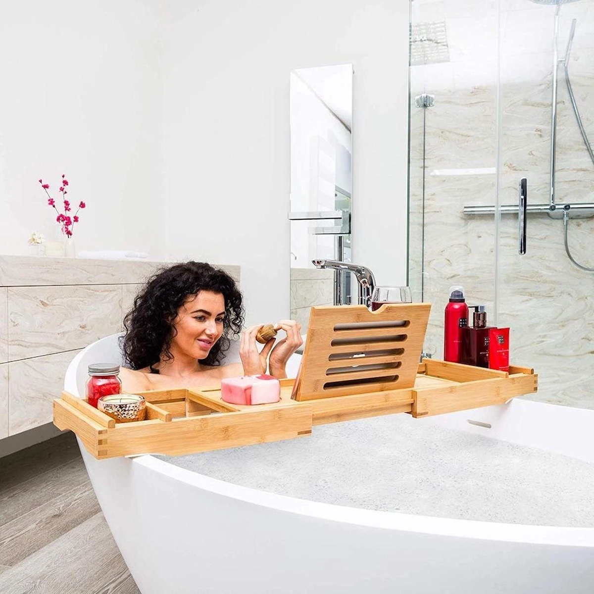 Merkloos Decopatent® Luxe Badplank - Badrekje - Uitschuifbaar 75 Tot 110 Cm - Boekenhouder - Tablethouder - Bamboe Hout Badplankje - Badrek 4 Merkloos Decopatent® Luxe Badplank - Badrekje - Uitschuifbaar 75 Tot 110 Cm - Boekenhouder - Tablethouder - Bamboe Hout Badplankje - Badrek - Afbeelding 2